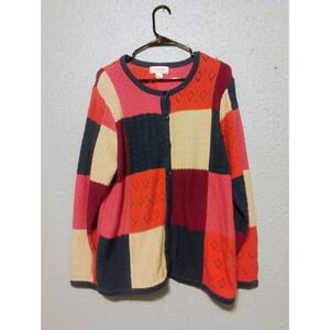 Women's Long Sleeve Cardigan Sweater Size 1XL Button Up Colored Checkered Clean